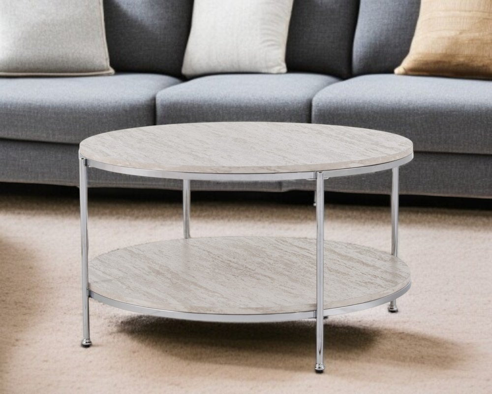 Chrome Faux Marble and Metal Round Coffee Table - 33-inch