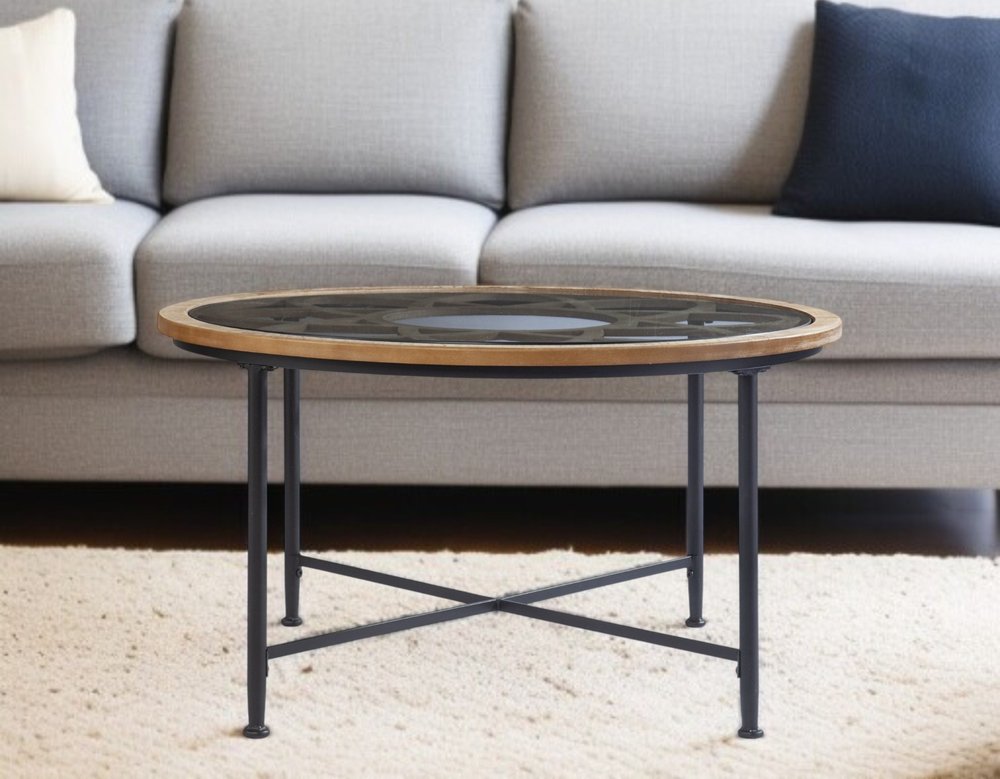 Floral Design Glass Top Round Coffee Table - 33-inch