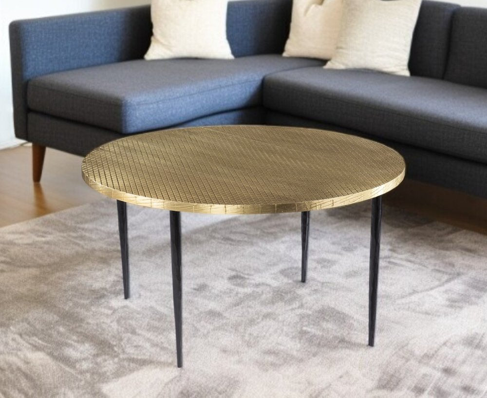 Black and Gold Embossed Metal Round Coffee Table - 34-inch