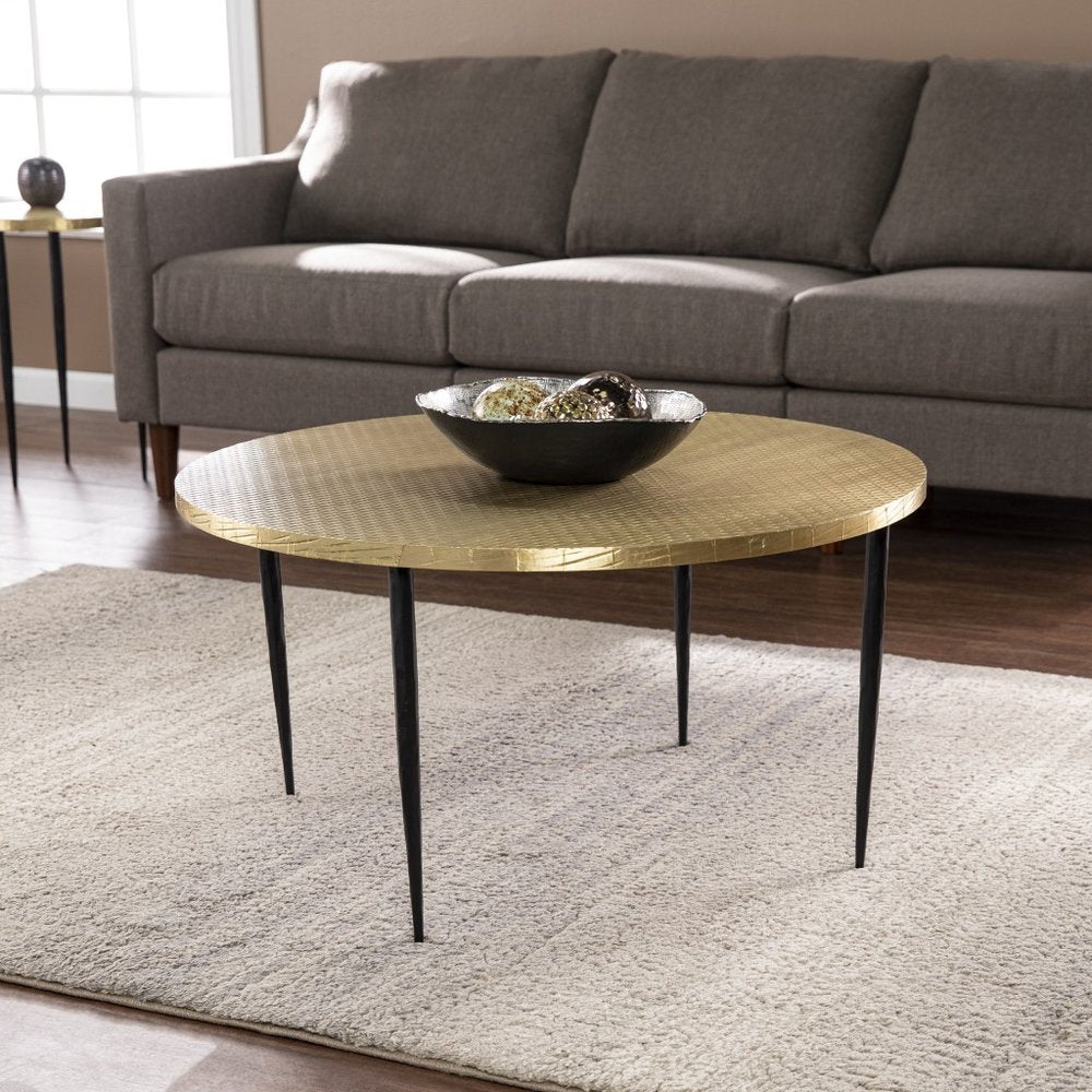 Black and Gold Embossed Metal Round Coffee Table - 34-inch