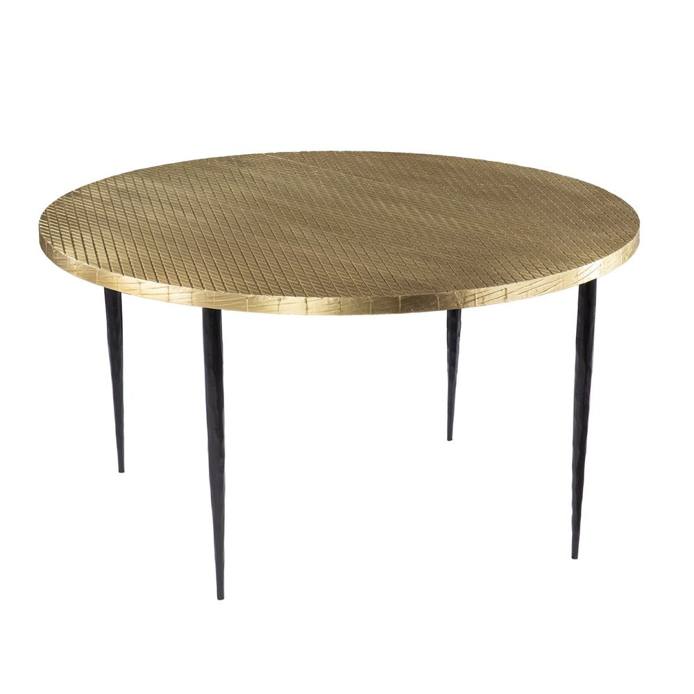 Black and Gold Embossed Metal Round Coffee Table - 34-inch