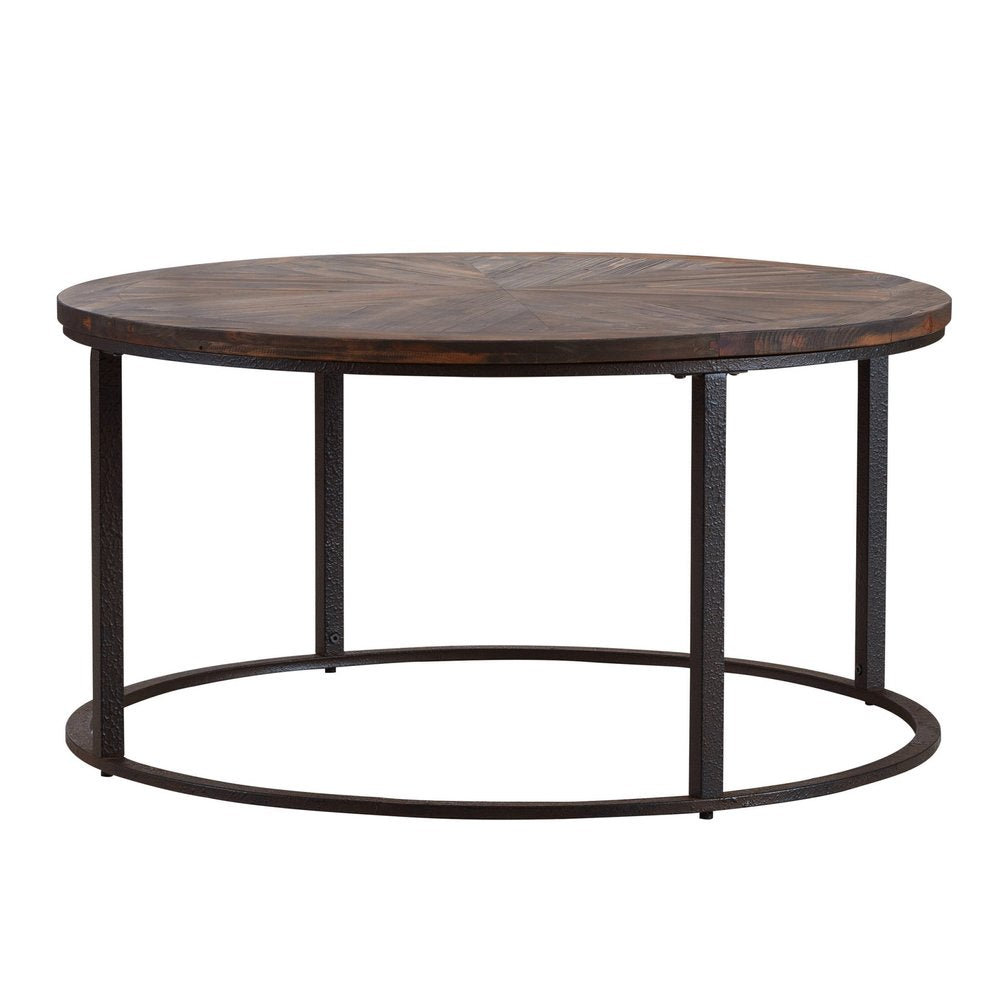 Natural and Brown Reclaimed Wood and Metal Round Coffee Table