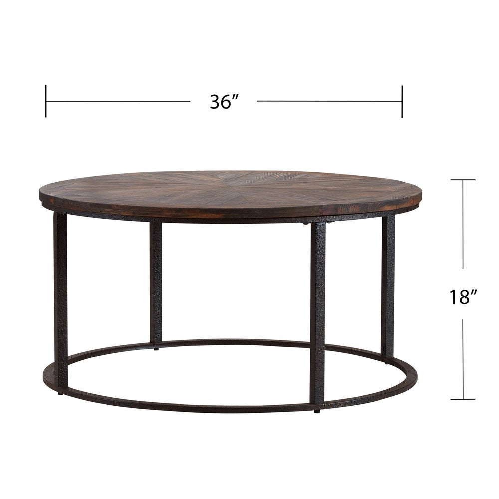 Natural and Brown Reclaimed Wood and Metal Round Coffee Table