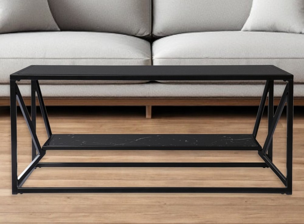 Black Glass Faux Marble and Metal Coffee Table with Shelf - 42-inch