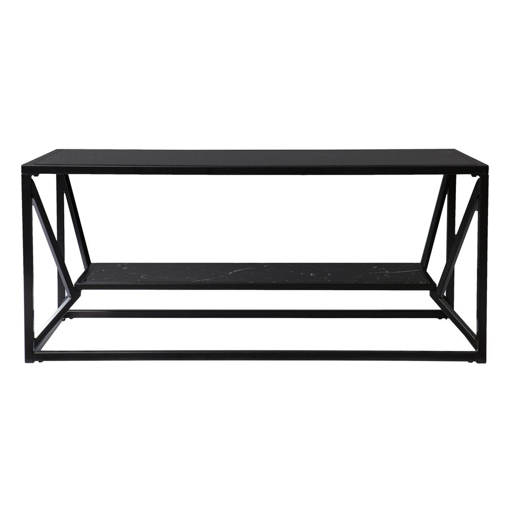 Black Glass Faux Marble and Metal Coffee Table with Shelf - 42-inch