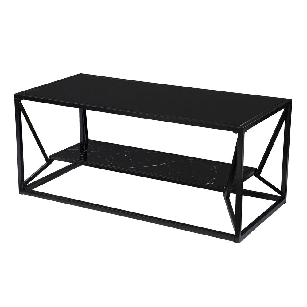 Black Glass Faux Marble and Metal Coffee Table with Shelf - 42-inch