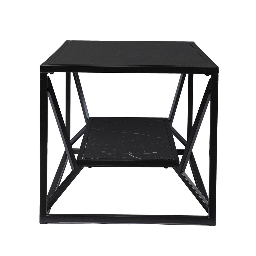 Black Glass Faux Marble and Metal Coffee Table with Shelf - 42-inch