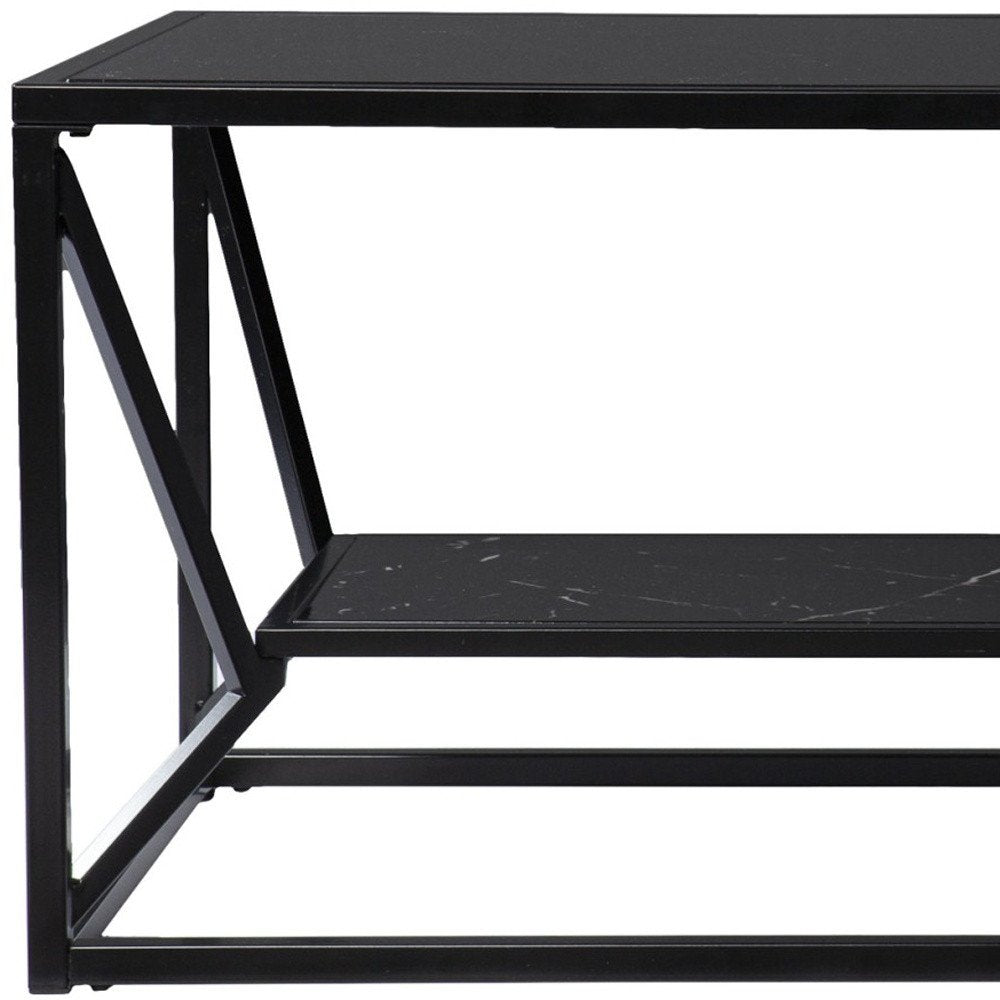 Black Glass Faux Marble and Metal Coffee Table with Shelf - 42-inch