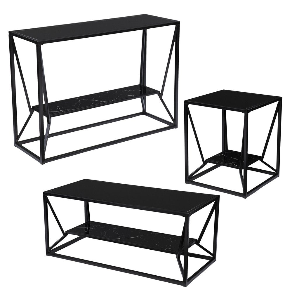 Black Glass Faux Marble and Metal Coffee Table with Shelf - 42-inch