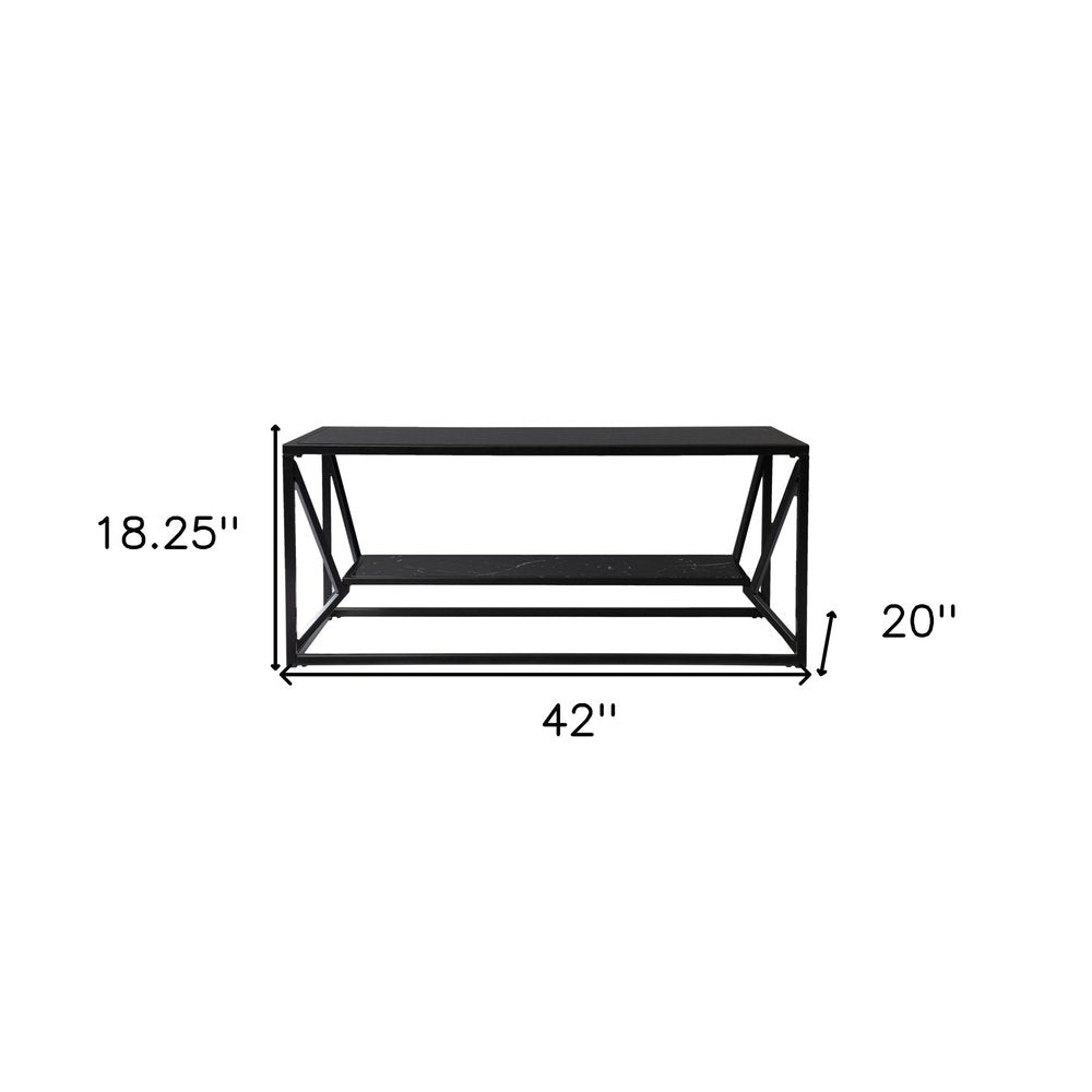 Black Glass Faux Marble and Metal Coffee Table with Shelf - 42-inch