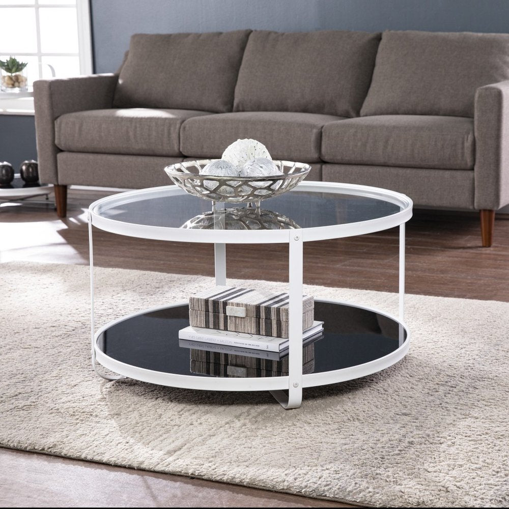 White Glass and Metal Two Tier Round Coffee Table - 32-inch