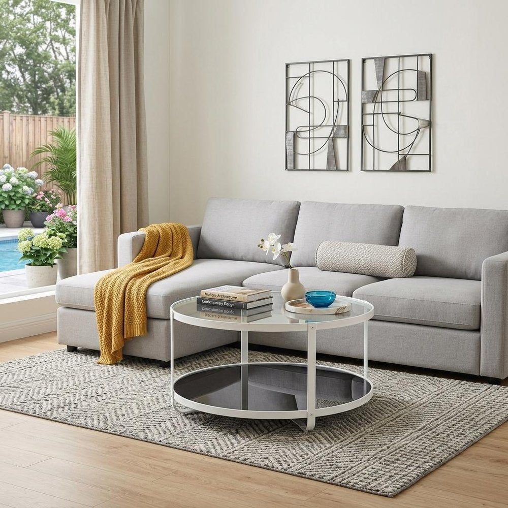 White Glass and Metal Two Tier Round Coffee Table - 32-inch