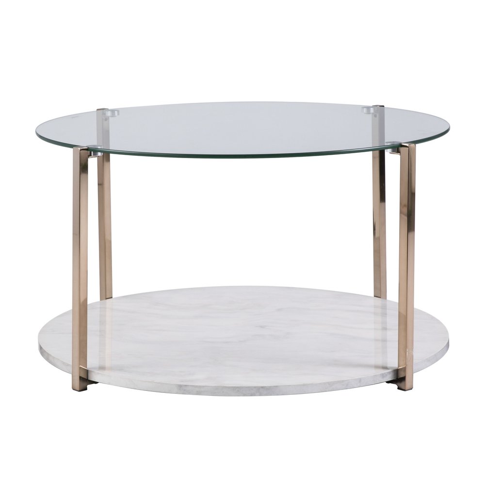 Gold Glam Glass and Faux Marble Two Tier Round Coffee Table - 33-inch