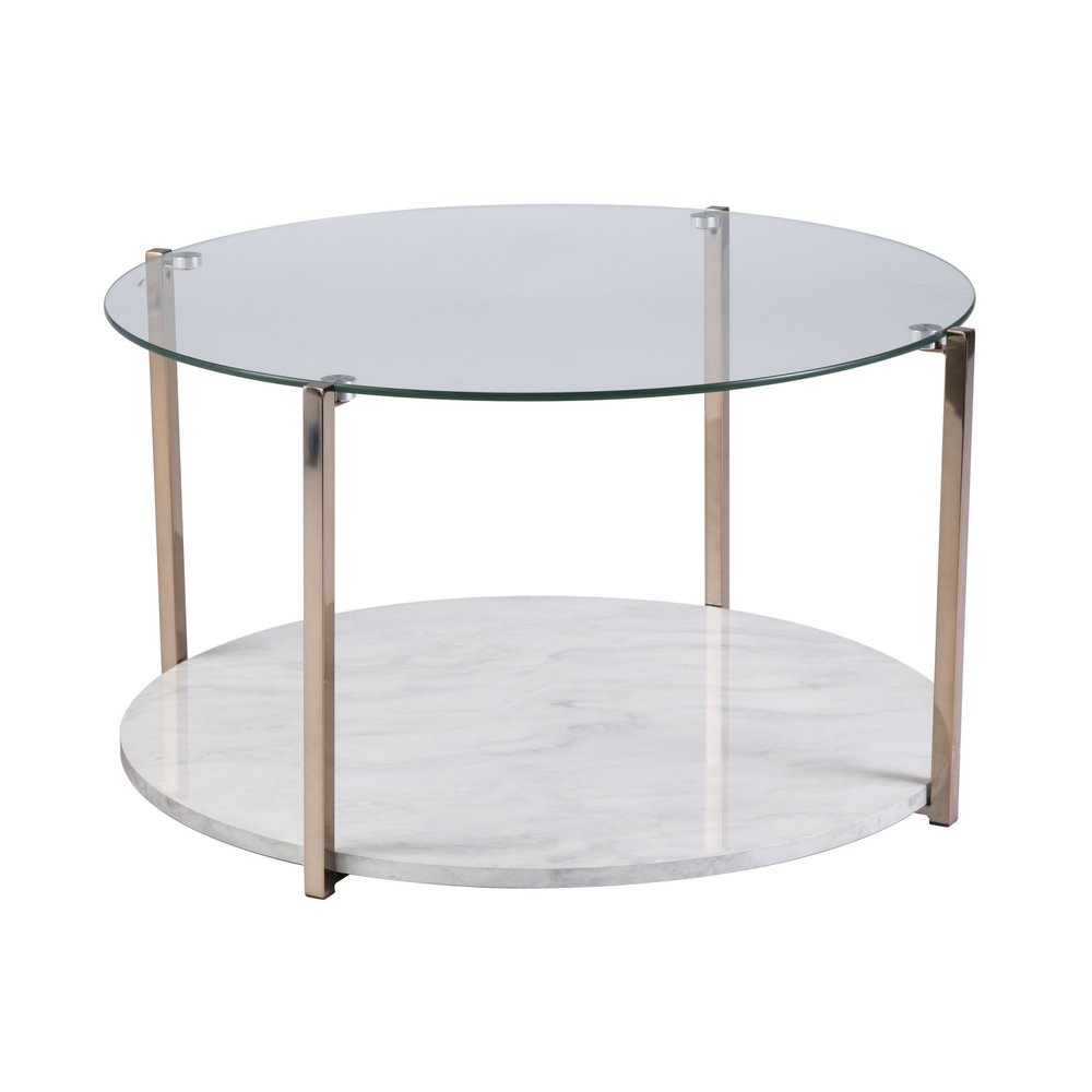 Gold Glam Glass and Faux Marble Two Tier Round Coffee Table - 33-inch
