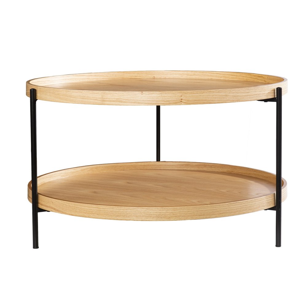 Natural and Black Wood and Metal Round Coffee Table - 33-inch