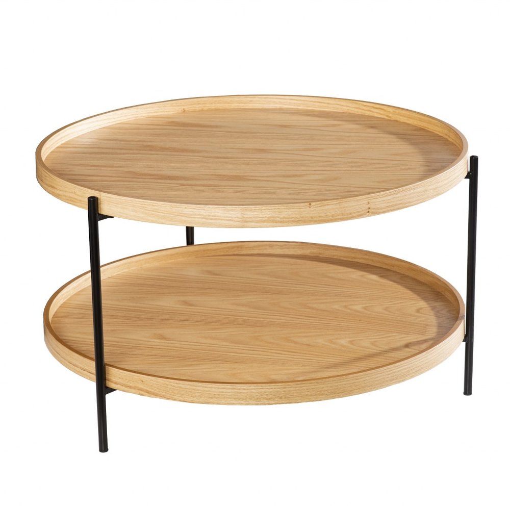 Natural and Black Wood and Metal Round Coffee Table - 33-inch