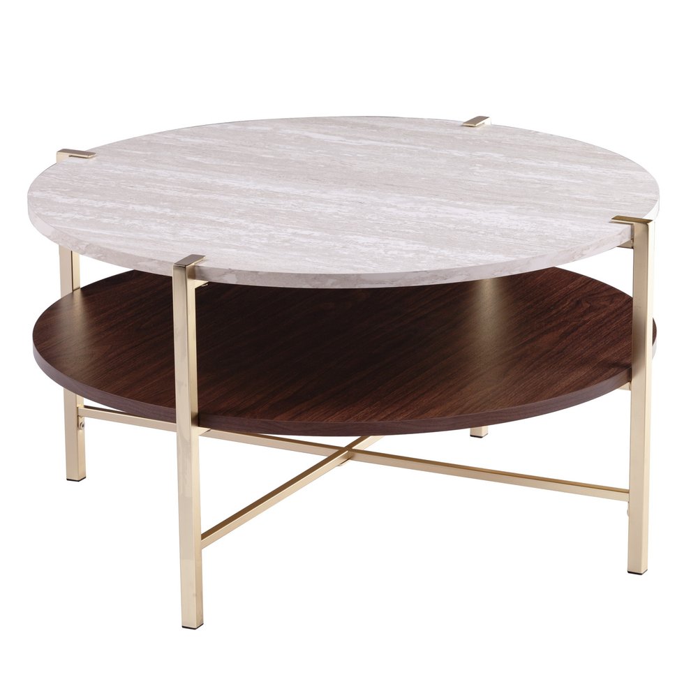 Brass Solid Manufactured Wood and Metal Round Coffee Table - 33-inch