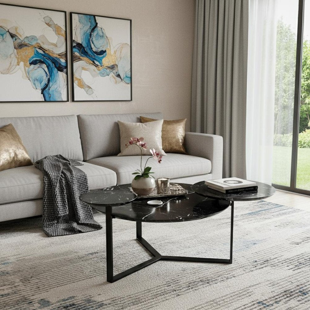 Black Faux Marble and Metal with Iron Round Coffee Table - 43-inch
