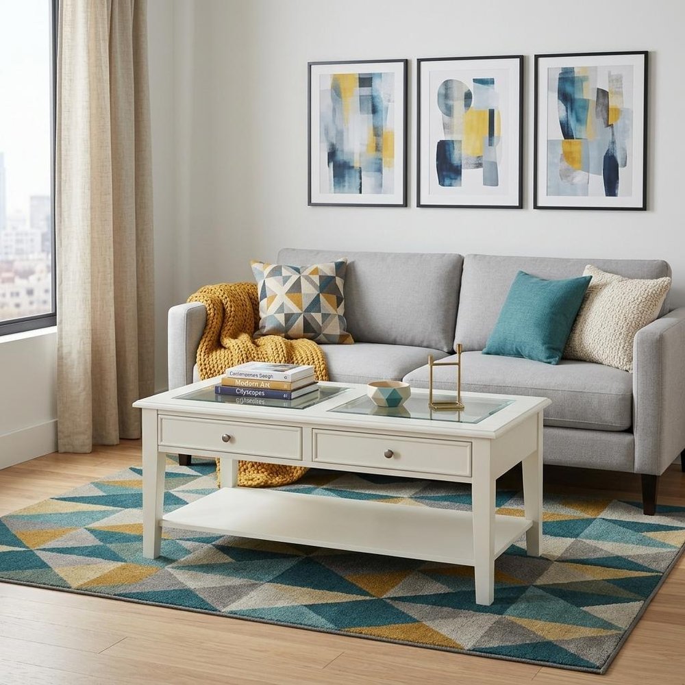 Off and White and Off-white Glass and Metal Rectangular Coffee Table