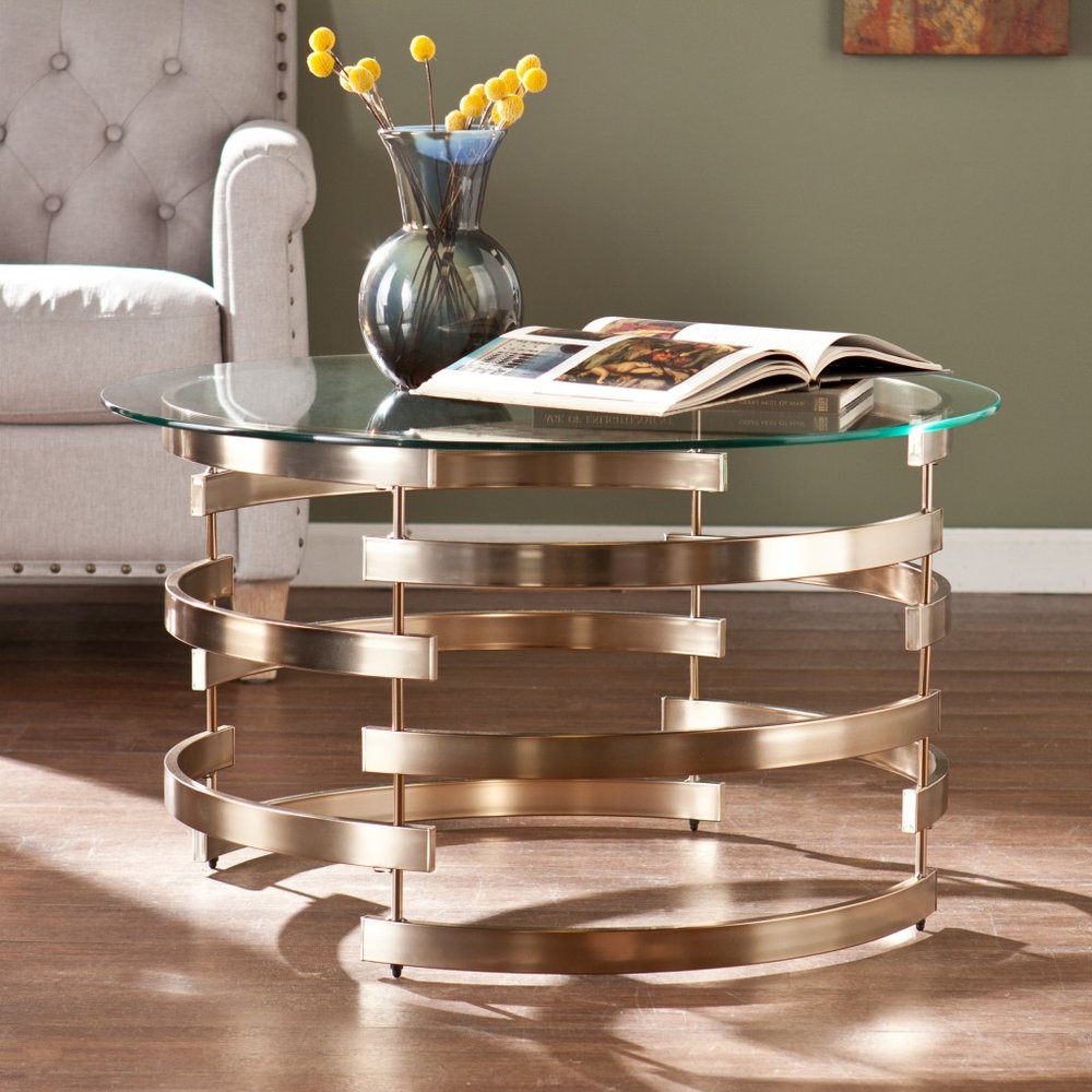 Clear and Champagne Glass and Metal with Iron Round Coffee Table