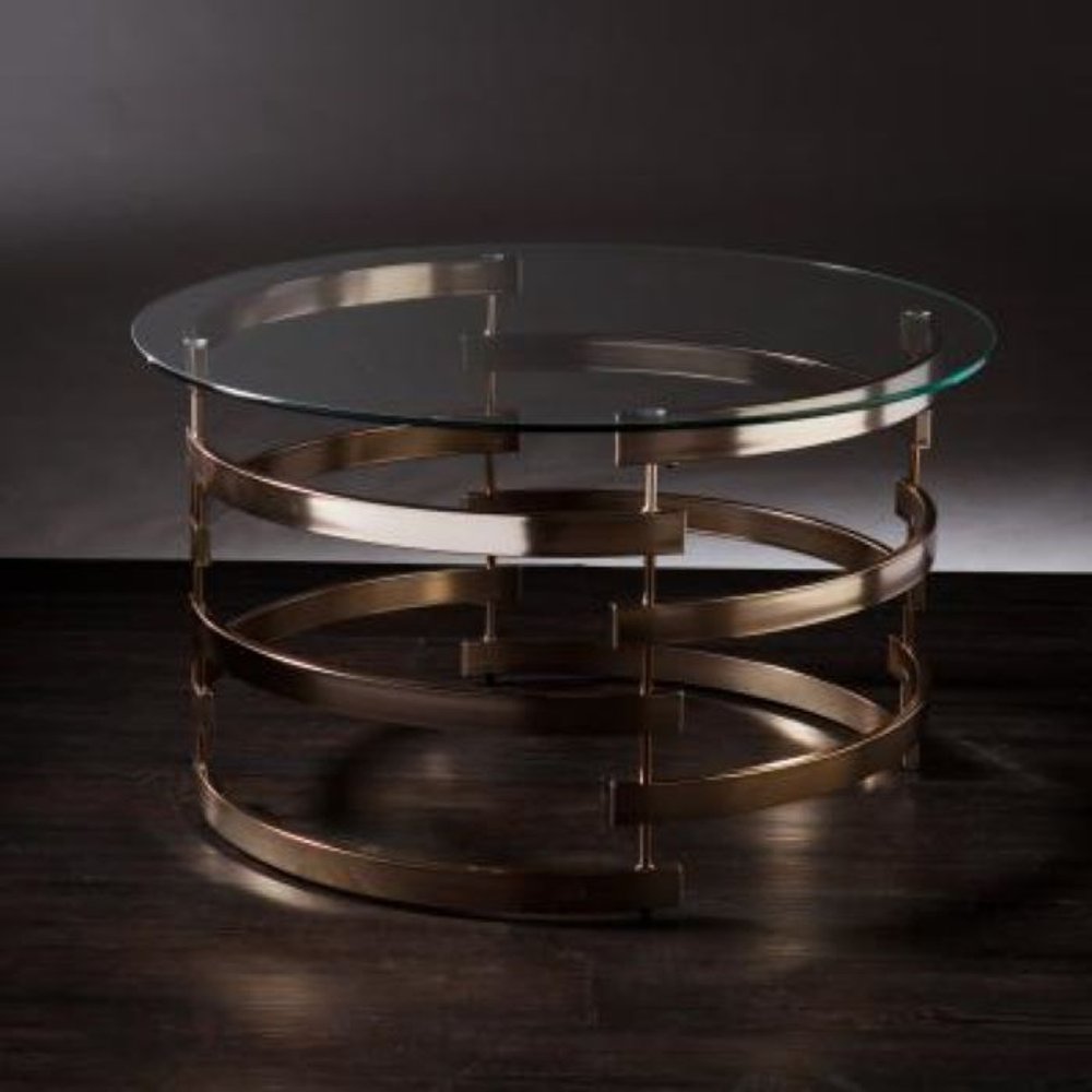 Clear and Champagne Glass and Metal with Iron Round Coffee Table