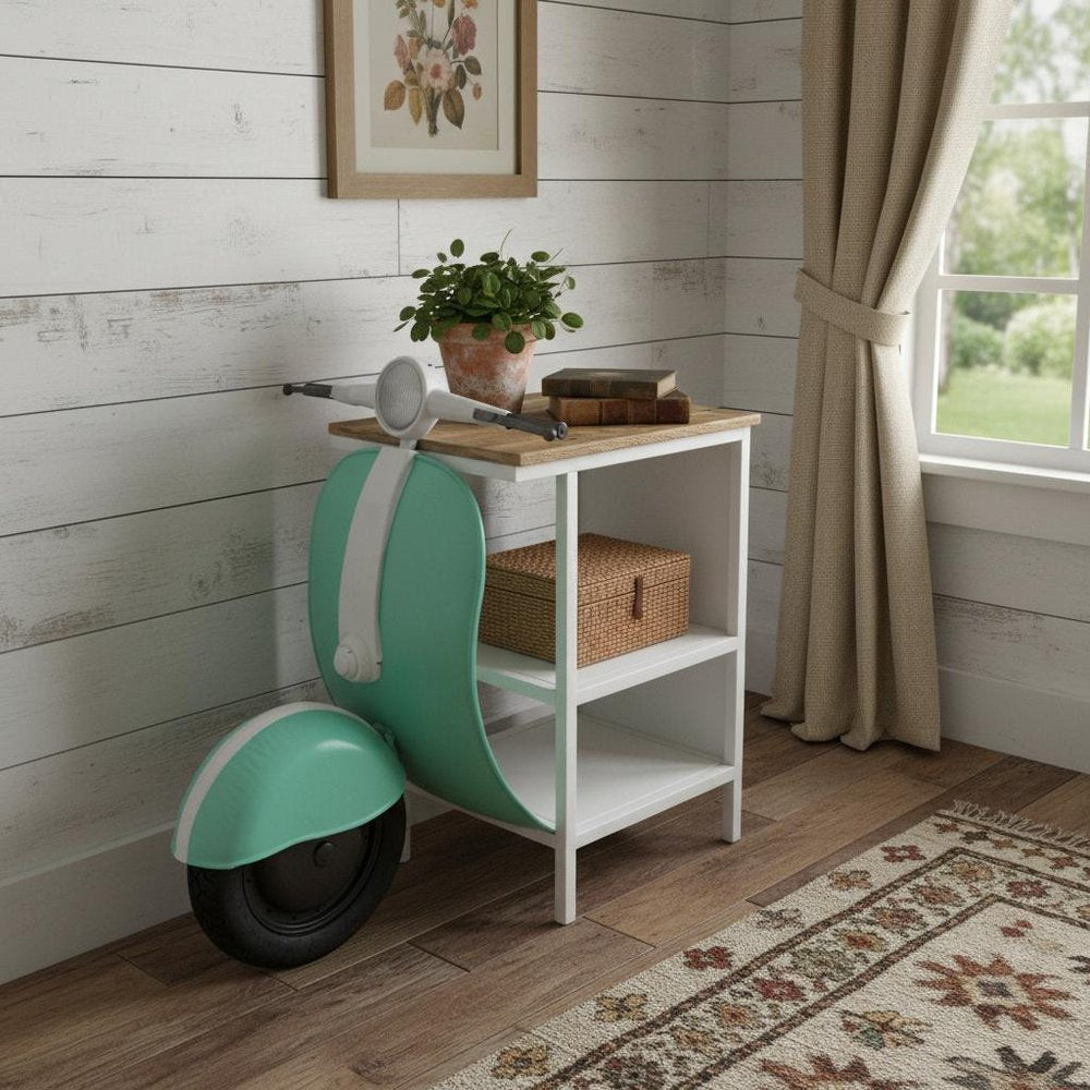 Green and White Novelty Scooter Open Cabinet with Two Shelves - 26-inch
