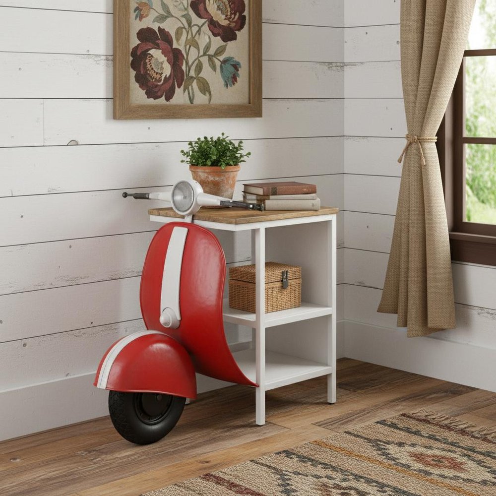 Red and Off White Novelty Scooter Open Cabinet with Two Shelves - 26-inch