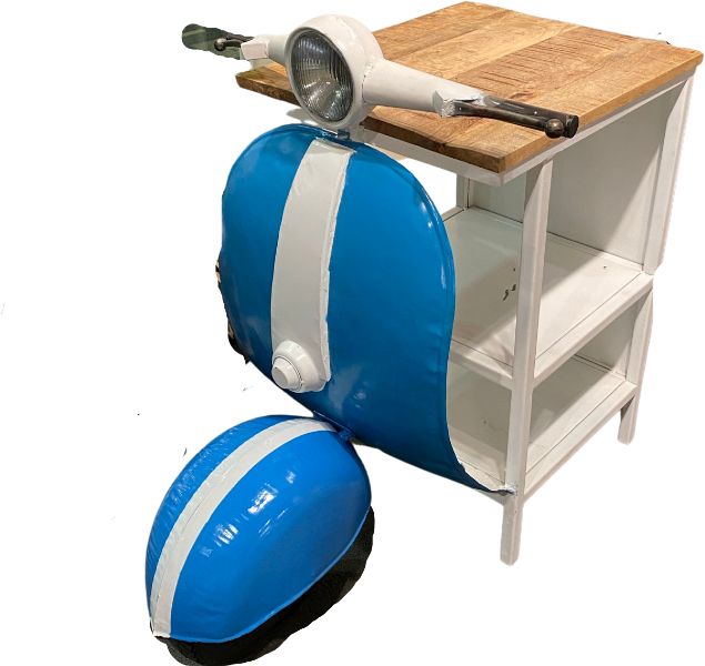 Natural Blue and Vanilla Solid Wood and Steel End Table with Two Shelves