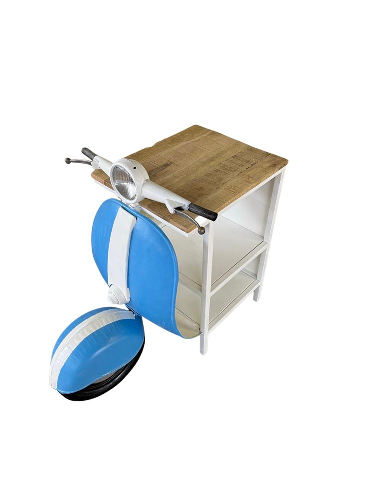 Natural Blue and Vanilla Solid Wood and Steel End Table with Two Shelves