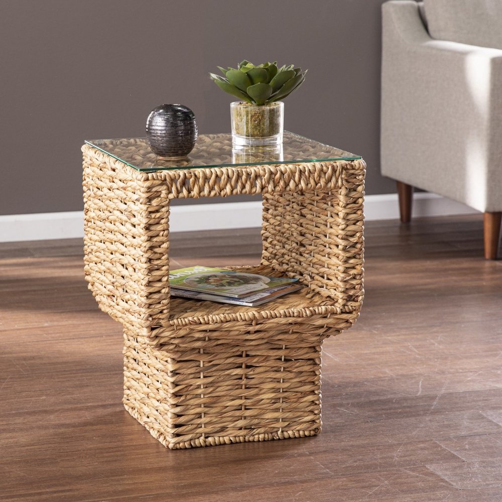 Brown and Clear Glass and Rattan Wicker Square End Table - 23-inch