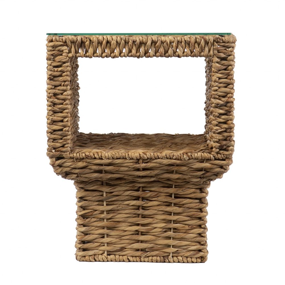 Brown and Clear Glass and Rattan Wicker Square End Table - 23-inch