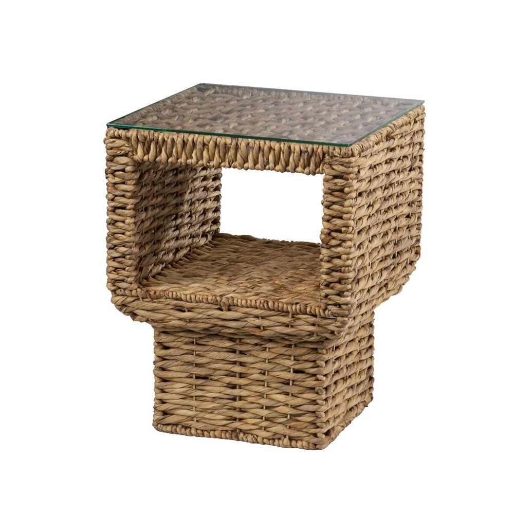 Brown and Clear Glass and Rattan Wicker Square End Table - 23-inch
