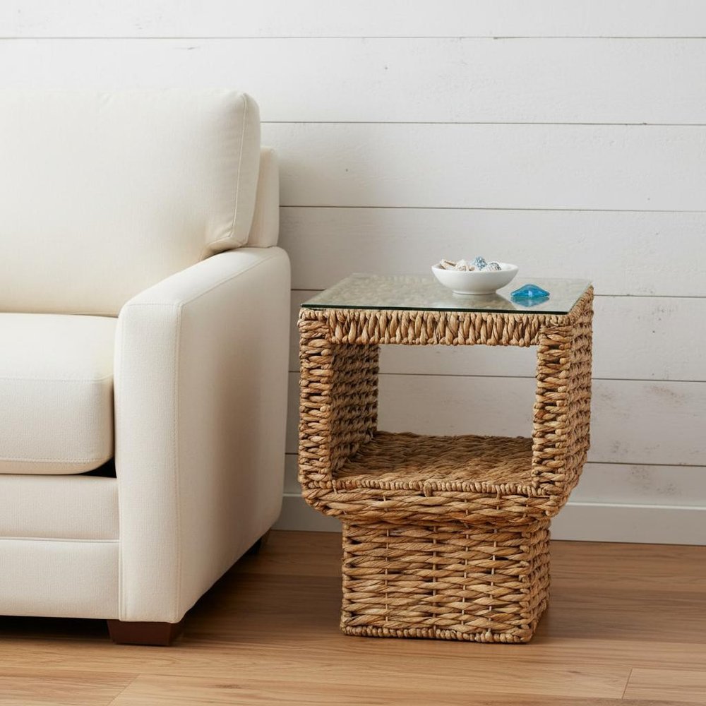 Brown and Clear Glass and Rattan Wicker Square End Table - 23-inch