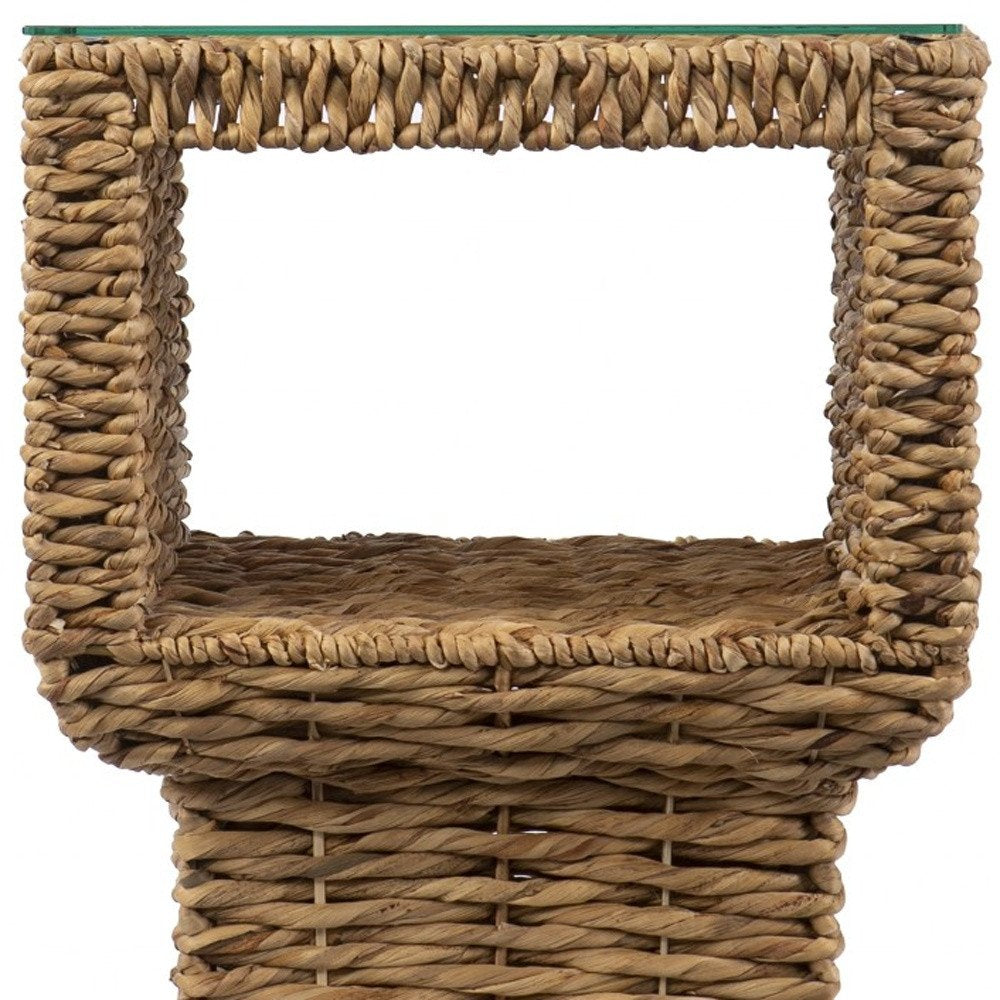 Brown and Clear Glass and Rattan Wicker Square End Table - 23-inch