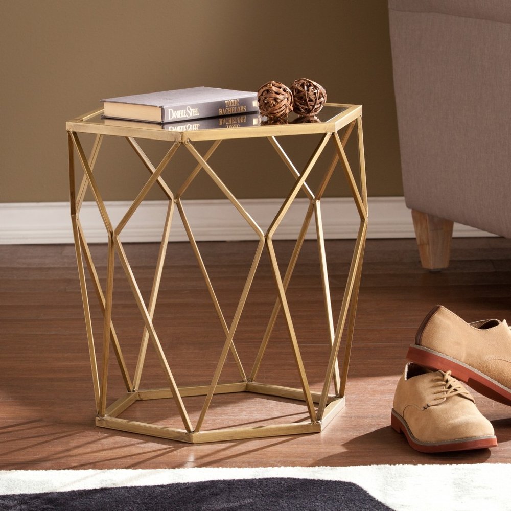 Gold and Reflective Glass Hexagon Mirrored End Table - 19-inch