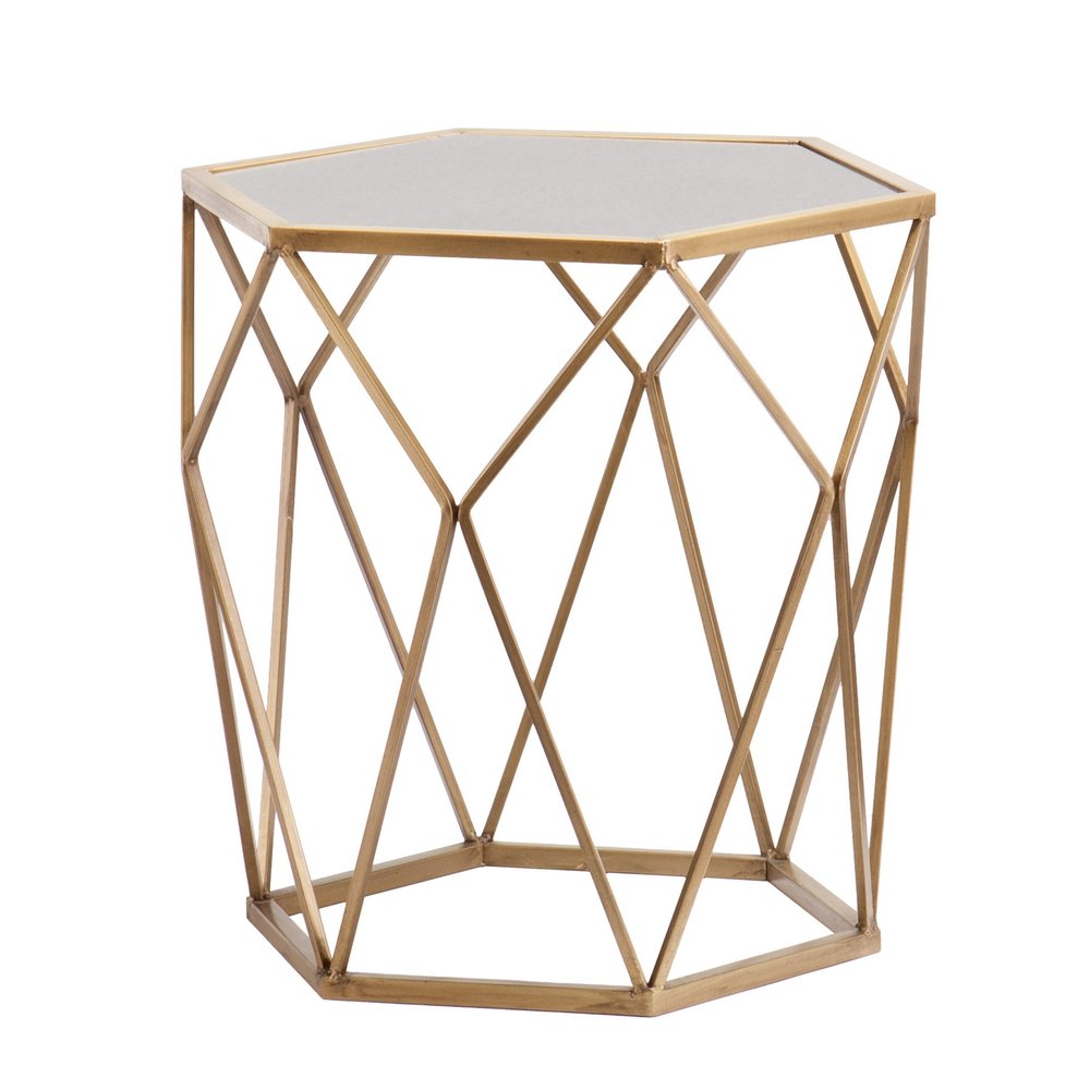 Gold and Reflective Glass Hexagon Mirrored End Table - 19-inch
