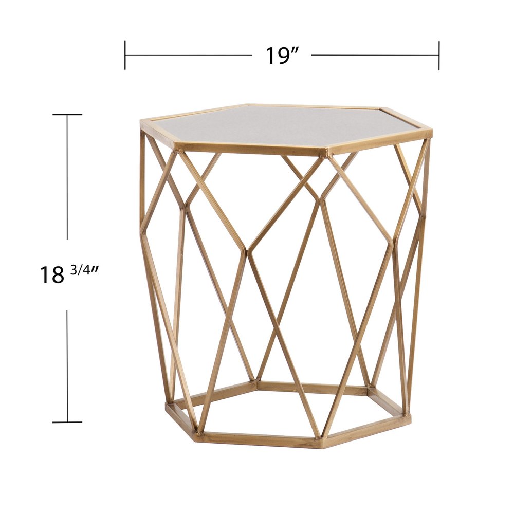 Gold and Reflective Glass Hexagon Mirrored End Table - 19-inch