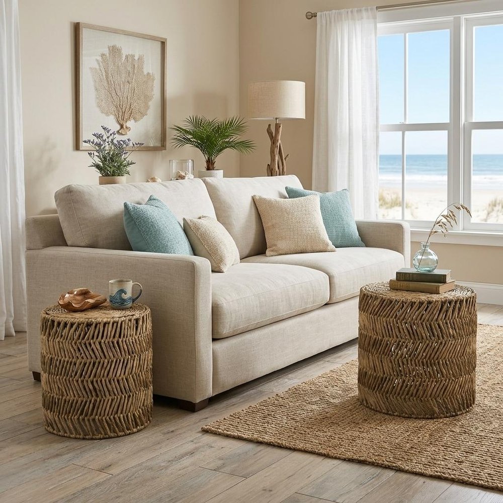 Set of Two 18 Natural Woven Rattan End Tables