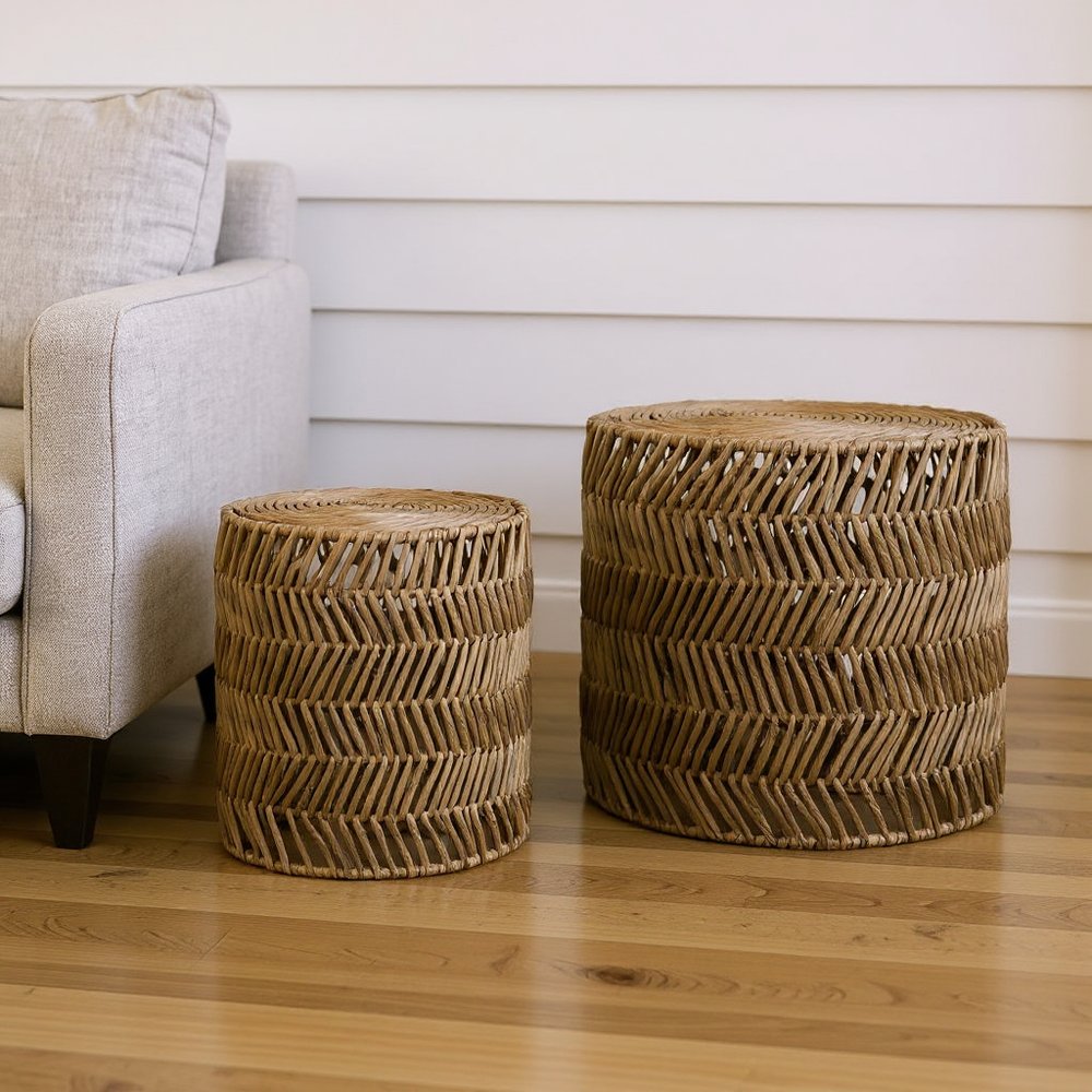 Set of Two 18 Natural Woven Rattan End Tables