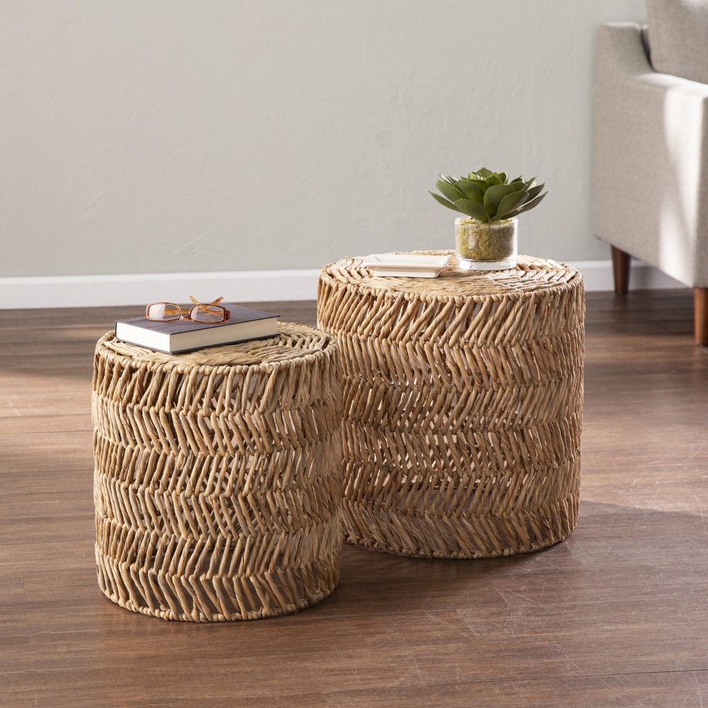 Set of Two 18 Natural Woven Rattan End Tables