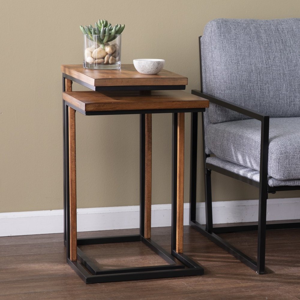 Set of Two 25 Brown Solid Wood Rectangular Nested End Tables