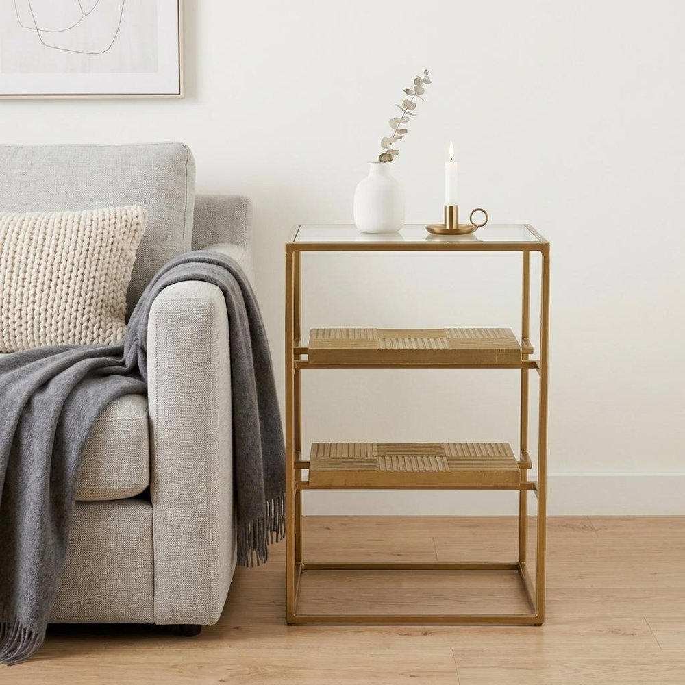 Brass Glass and Iron Rectangular End Table with Two Shelves - 24-inch