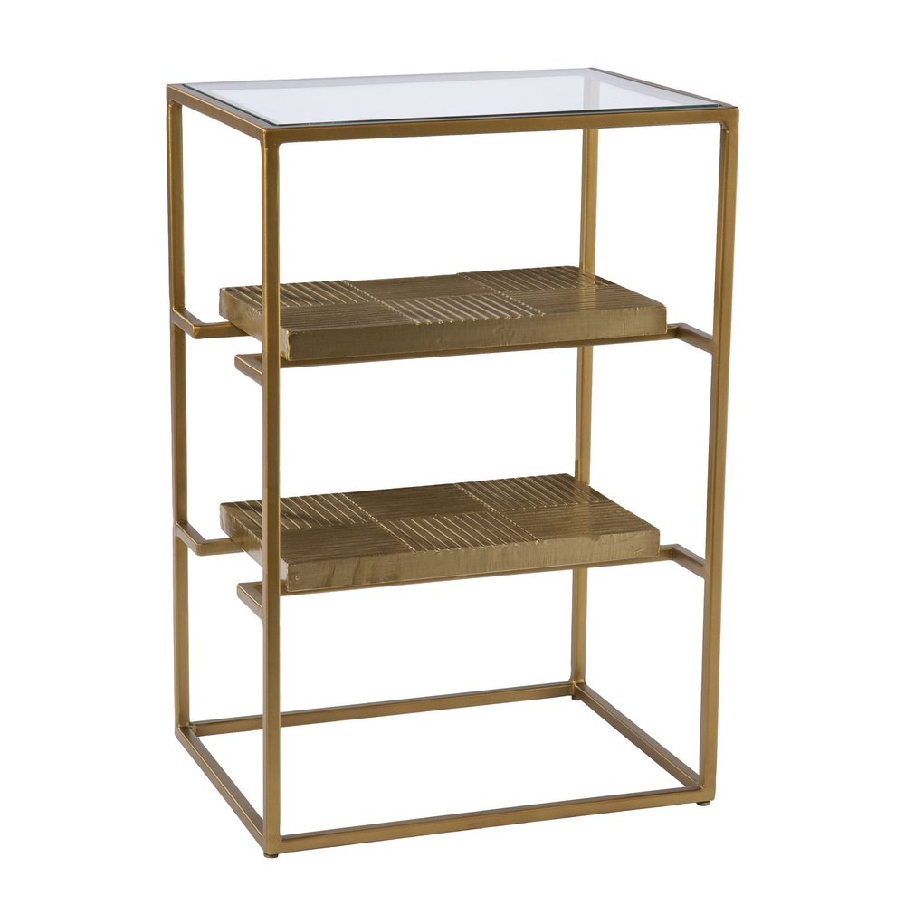 Brass Glass and Iron Rectangular End Table with Two Shelves - 24-inch