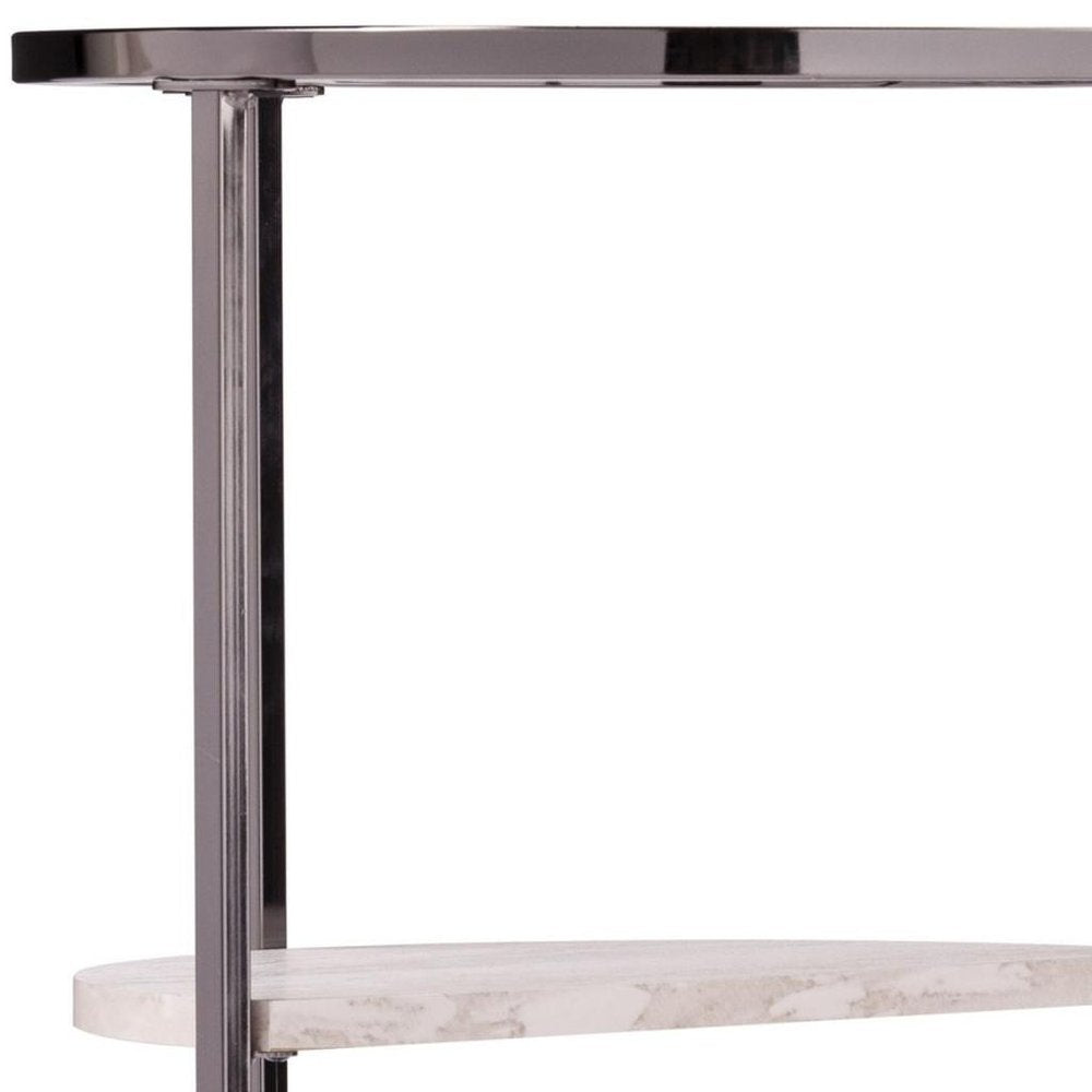 Black Metal Glass and Faux Marble Round End Table with Two Shelves