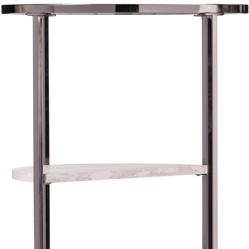 Black Metal Glass and Faux Marble Round End Table with Two Shelves