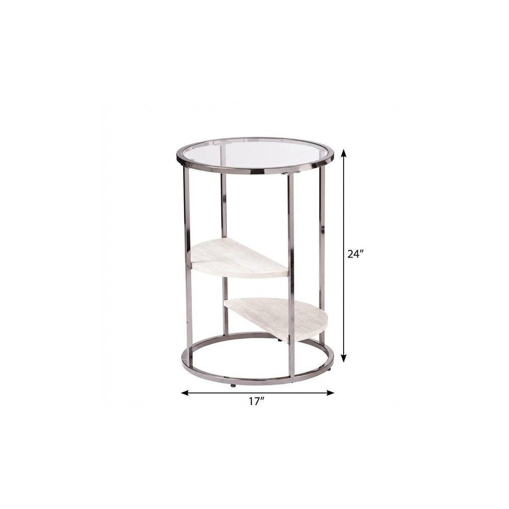 Black Metal Glass and Faux Marble Round End Table with Two Shelves