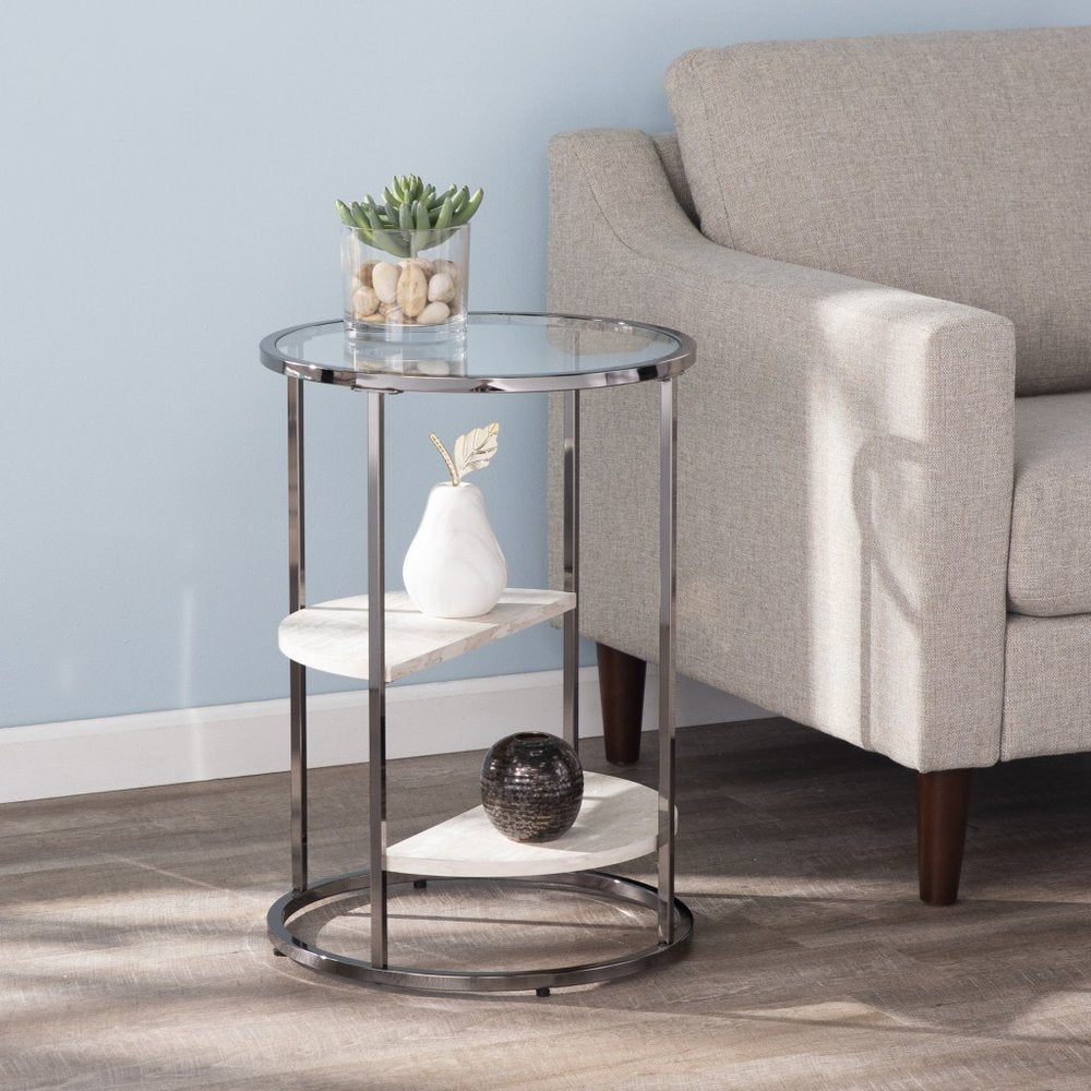 Black Metal Glass and Faux Marble Round End Table with Two Shelves