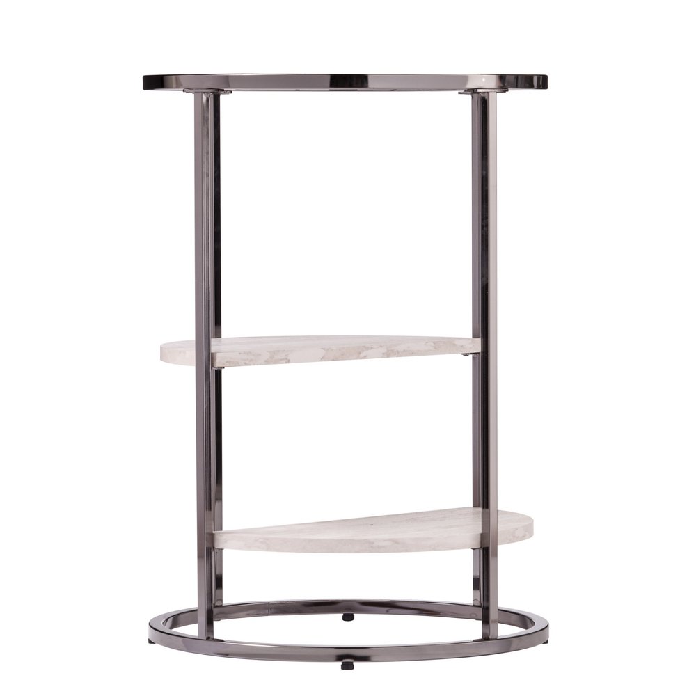 Black Metal Glass and Faux Marble Round End Table with Two Shelves