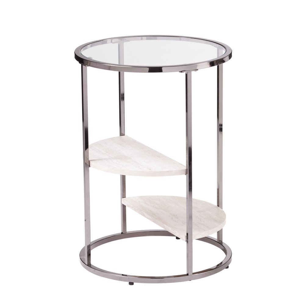 Black Metal Glass and Faux Marble Round End Table with Two Shelves