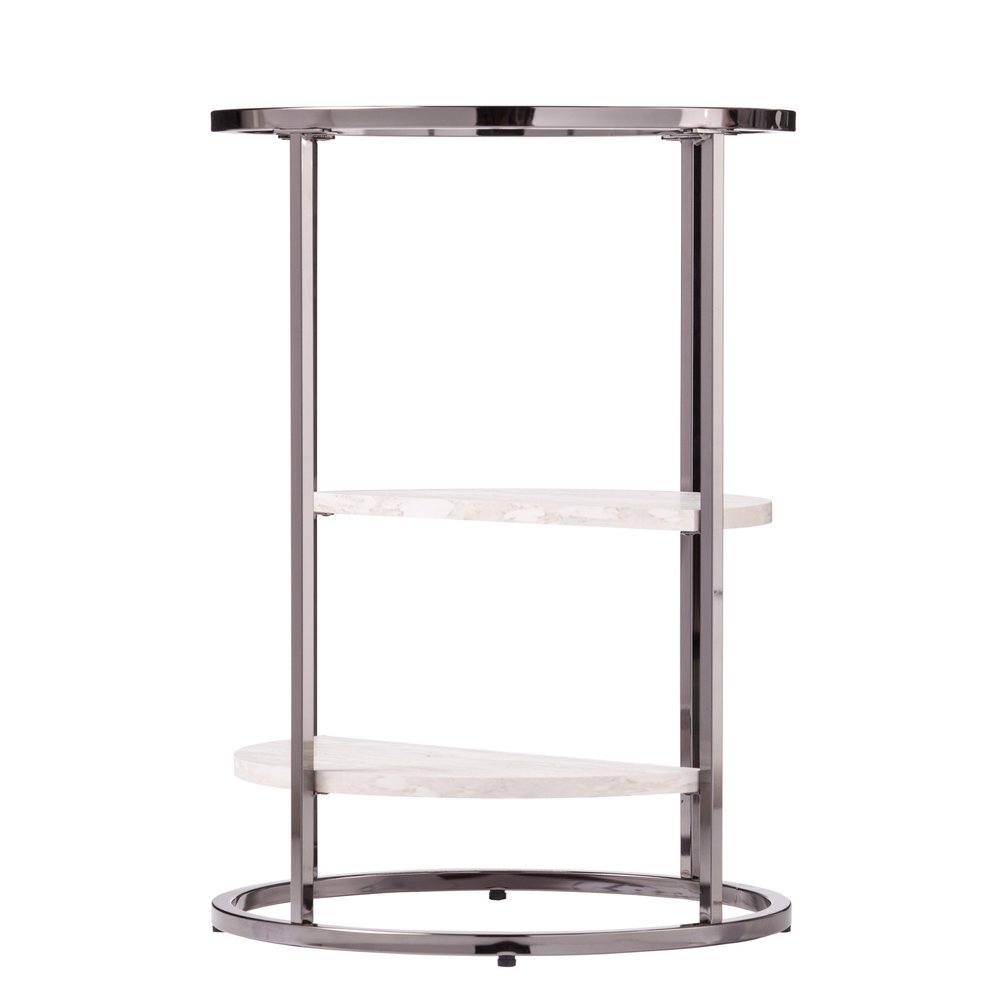 Black Metal Glass and Faux Marble Round End Table with Two Shelves
